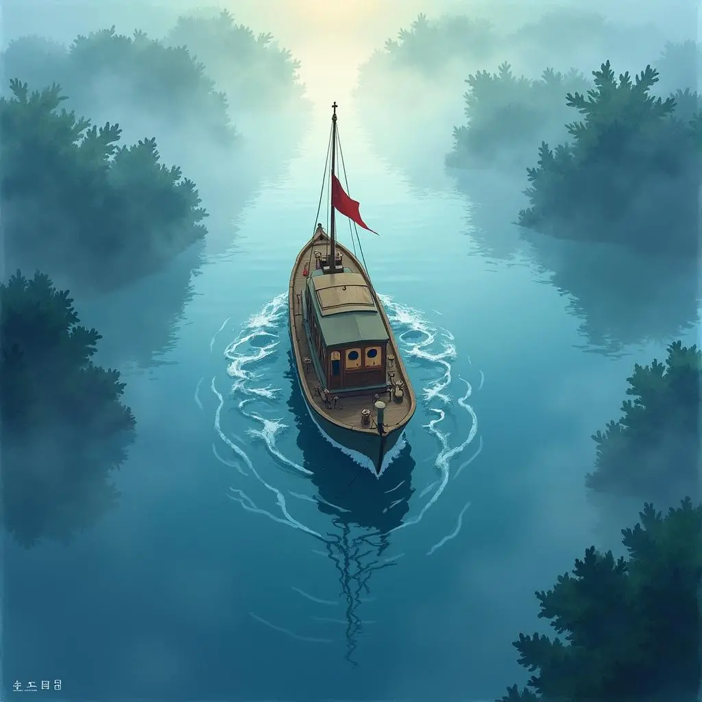 Le petit bateau navigue dans le brouillard