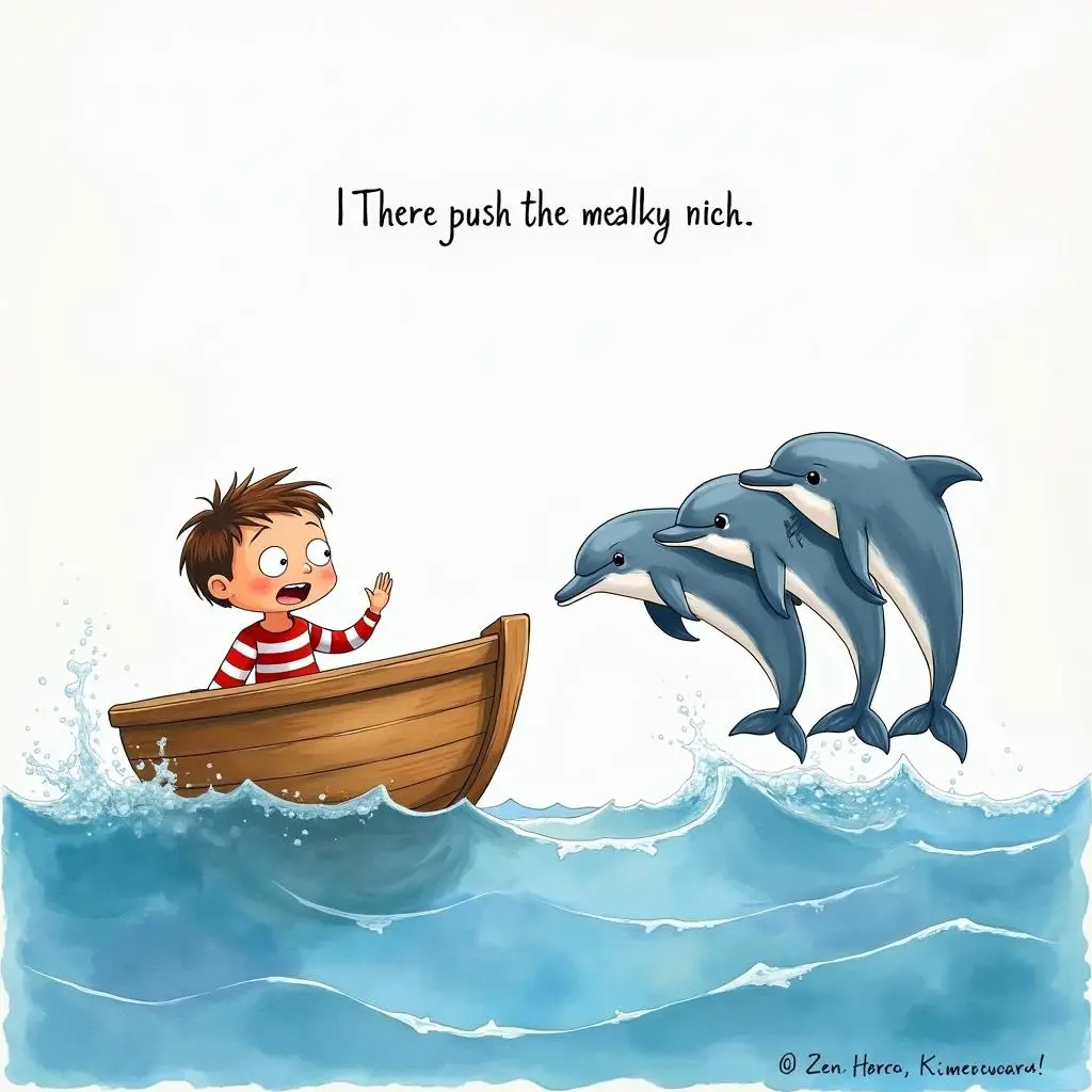 Le petit bateau rencontre des dauphins amicaux