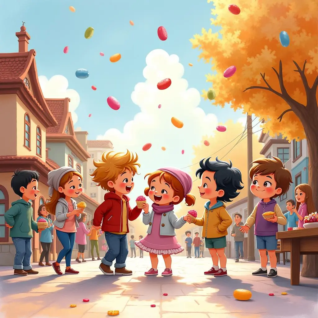 Everyone happily shares candies