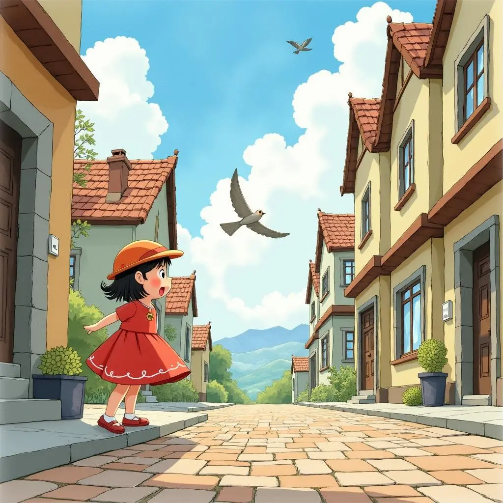 云朵女孩站在小镇路上