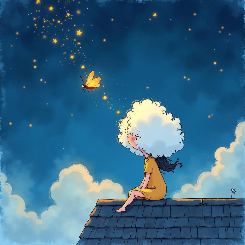 夜晚云朵女孩在屋顶