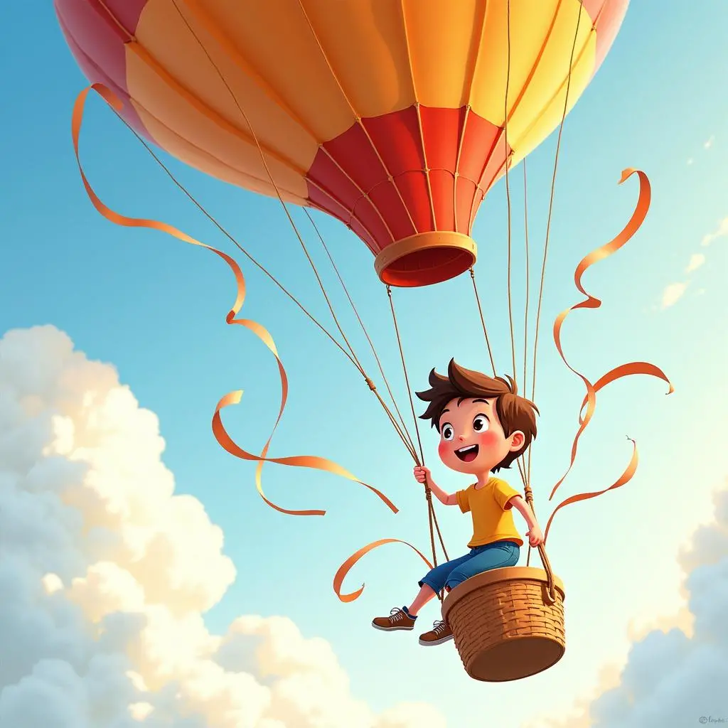 卢卡斯坐在气球篮子里，兴奋地向小镇挥手