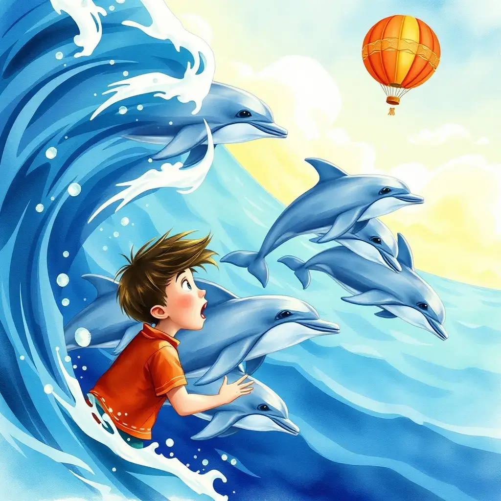气球飘过一片蓝色的大海，卢卡斯趴在篮子边看海豚