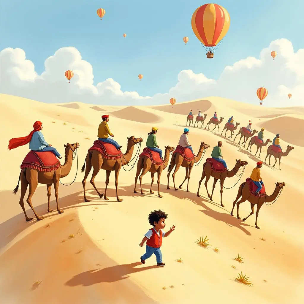 气球悬停在沙漠上空，卢卡斯看着沙漠中的骆驼商队