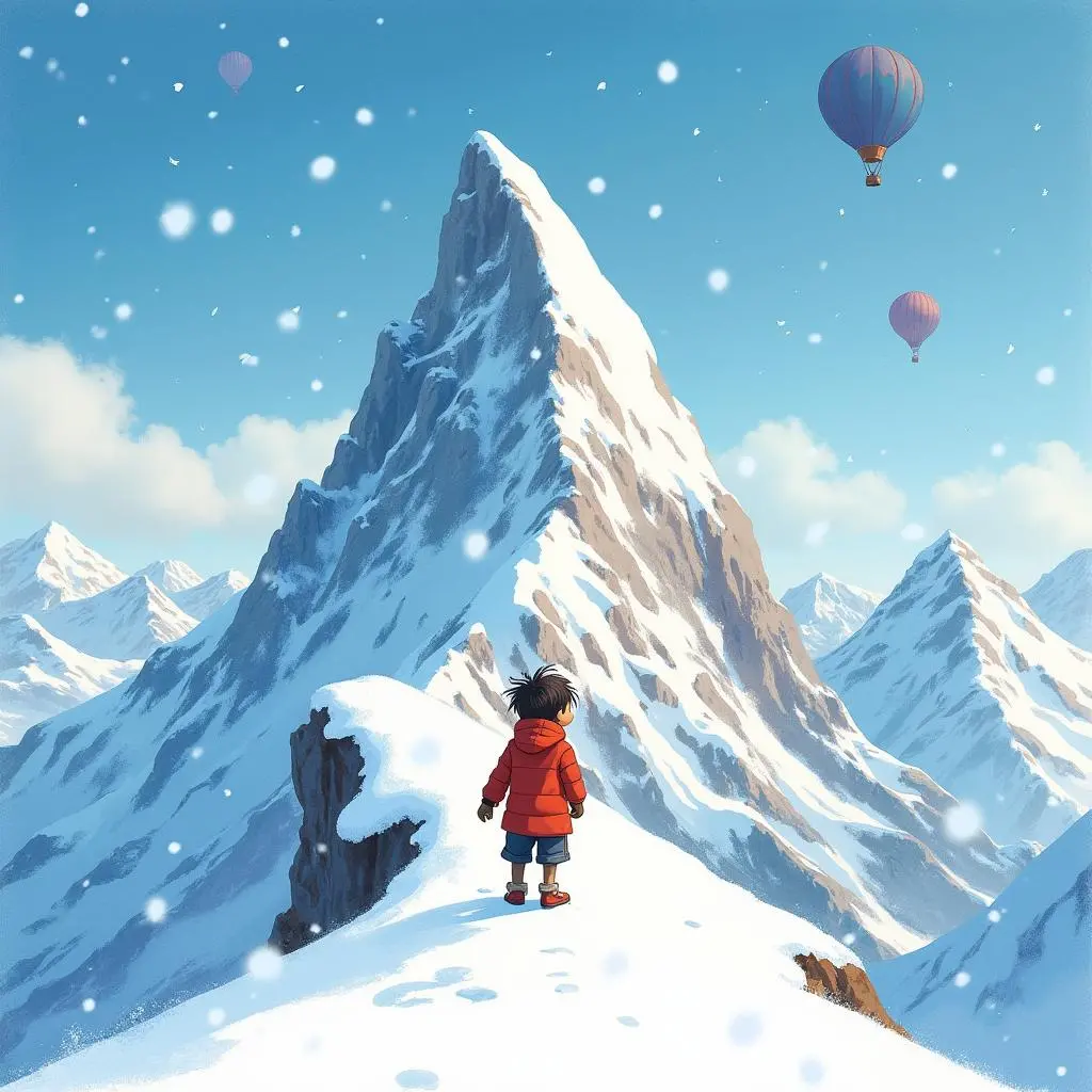 气球靠近雪山，卢卡斯裹着毯子看雪山