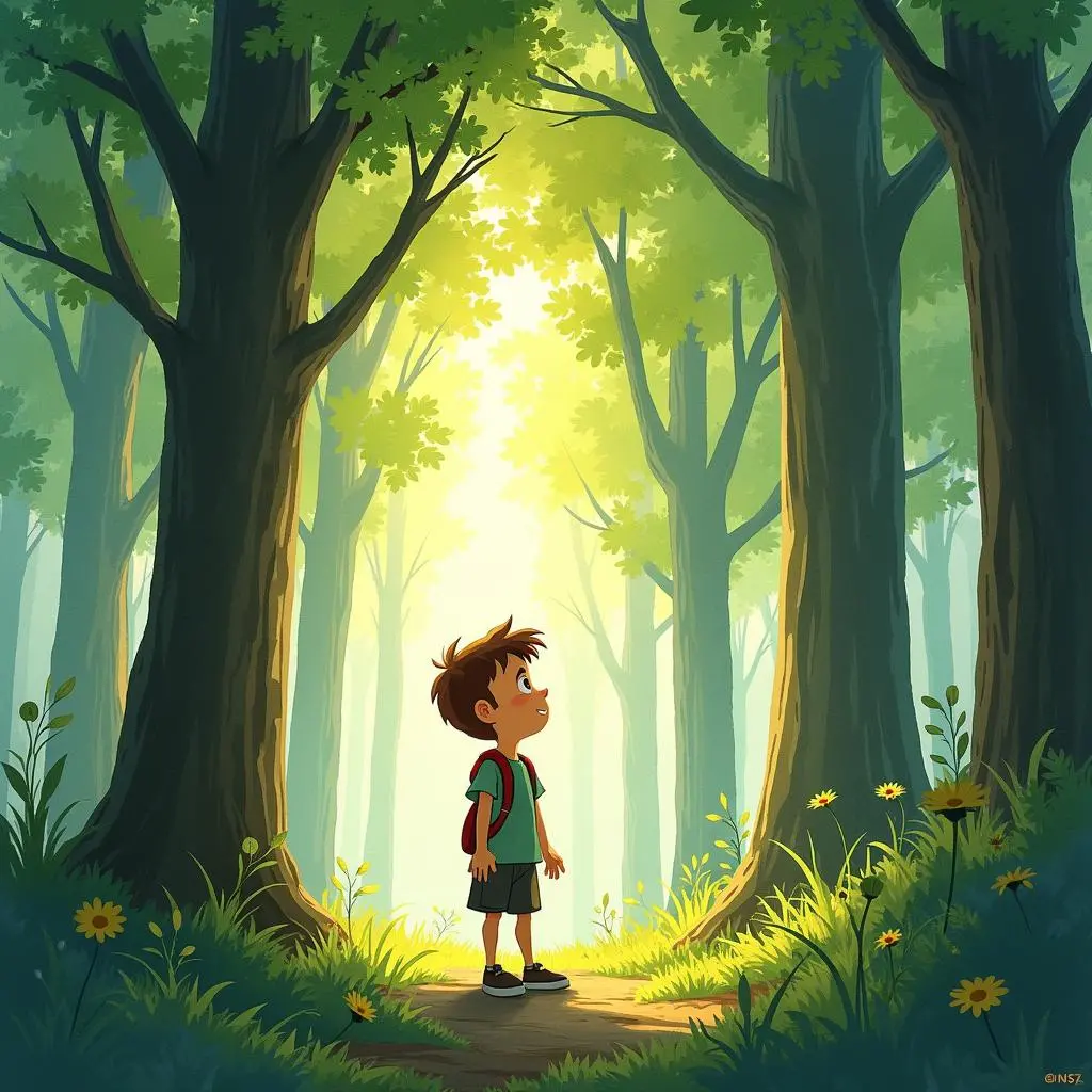 汉斯走进神秘森林,抬头看着大树