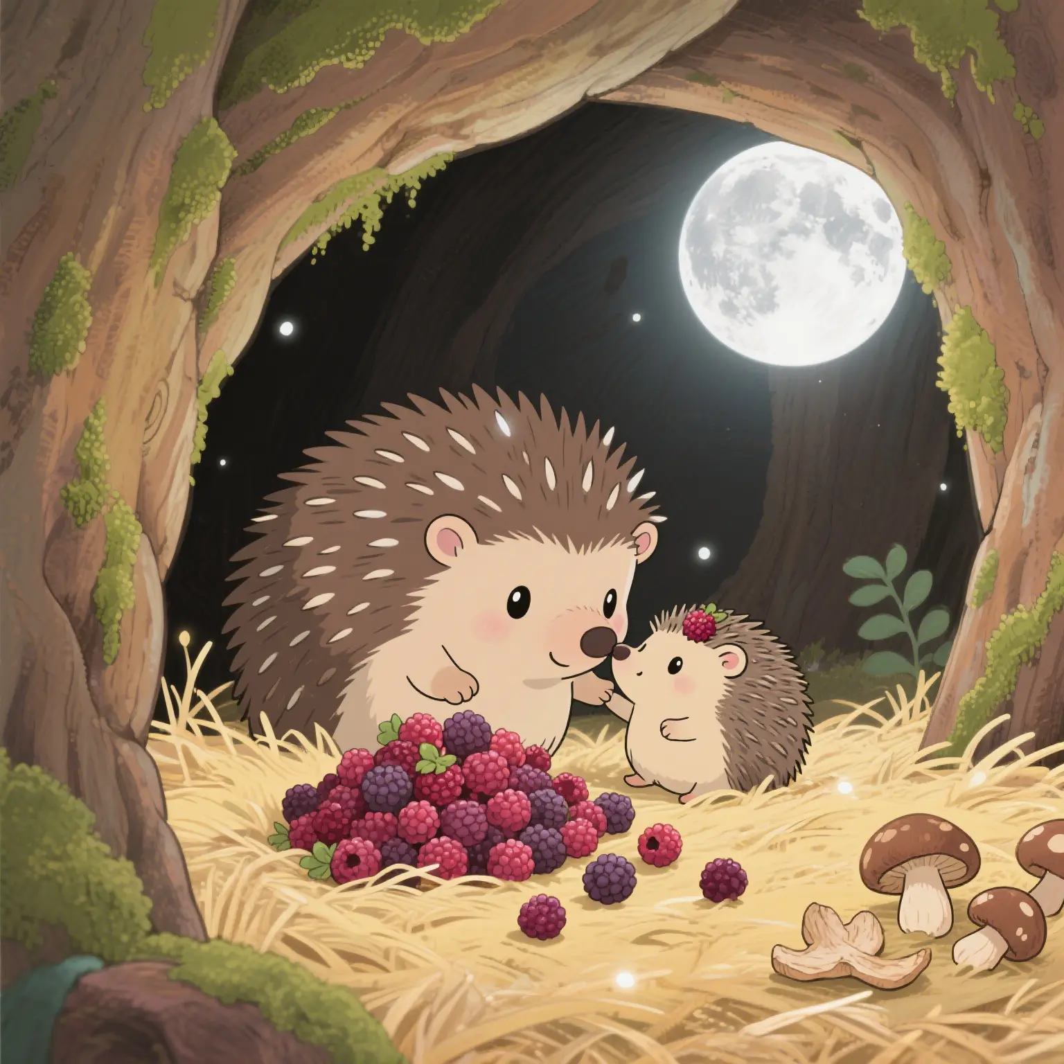 The mother hedgehog praises her baby