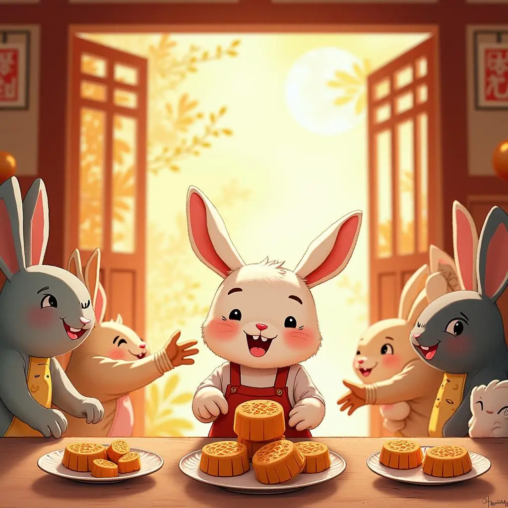 小兔子给小动物们分发月饼