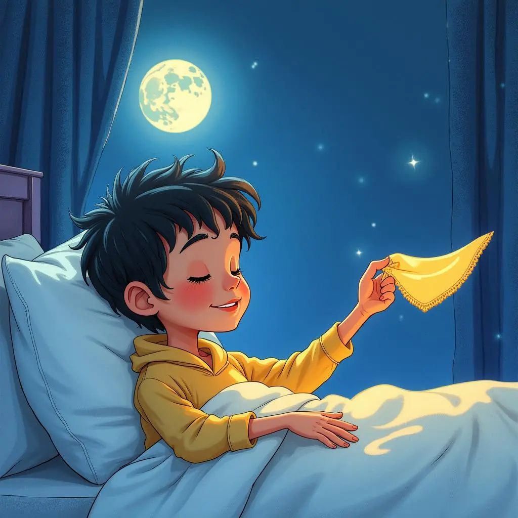 拉朱在床边拿着手帕入睡