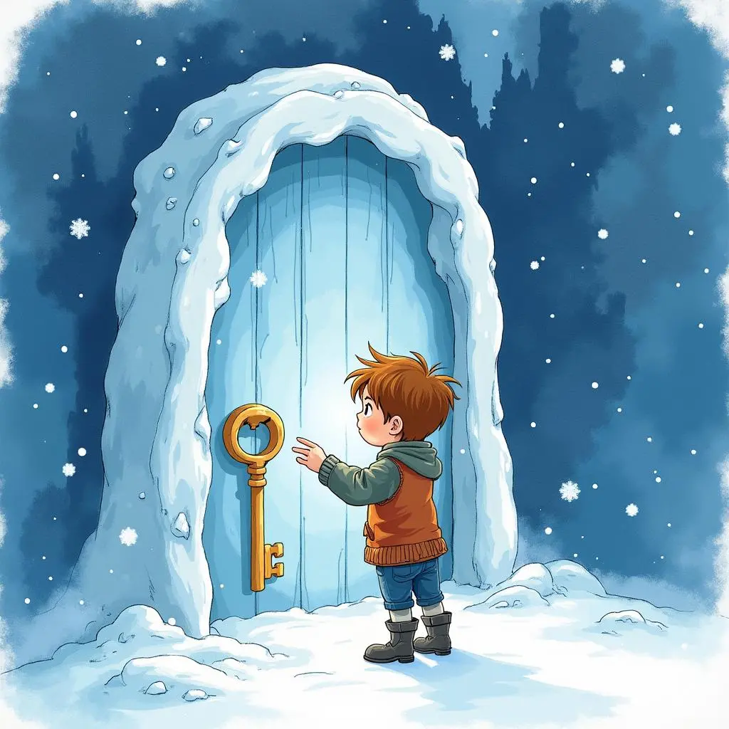 Ivan uses the key in front of the ice castle gate