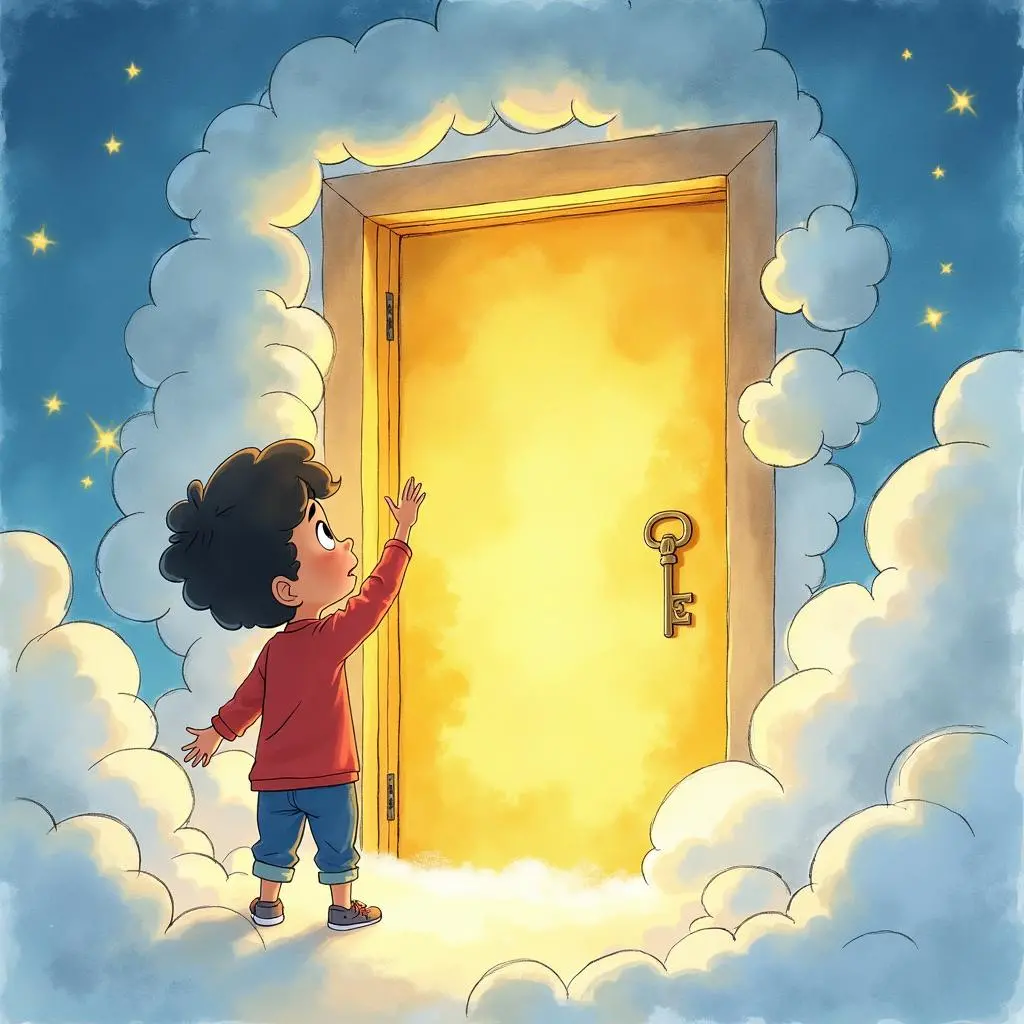 Ivan uses the key to open the golden gate in the clouds