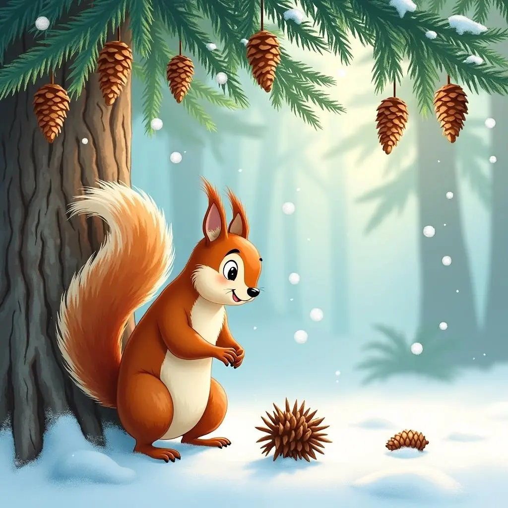 小松鼠抬头望着松树上的魔法松果