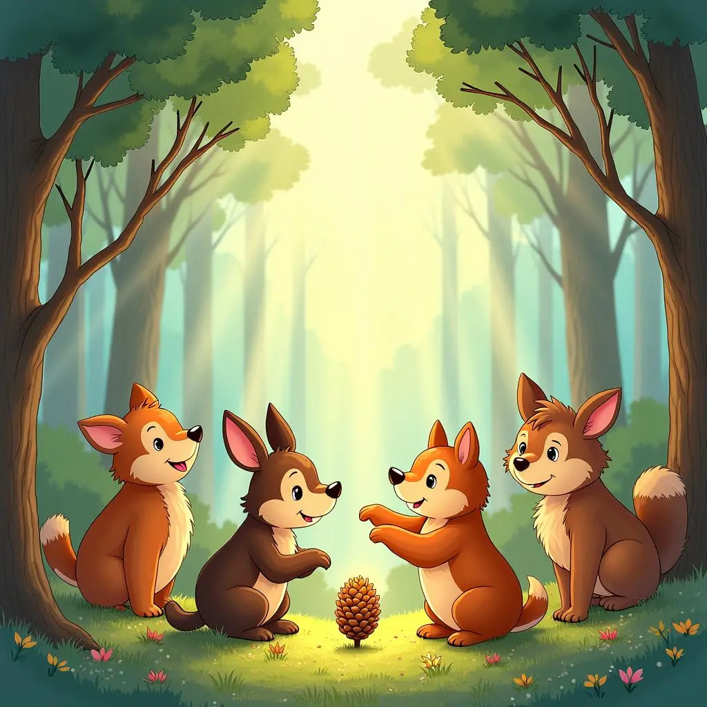 小动物们围绕着魔法松果,脸上洋溢着幸福