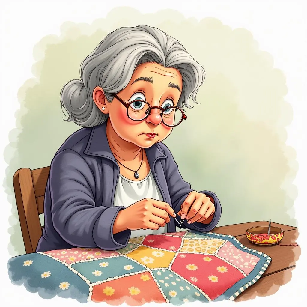 奶奶坐在椅子上缝毯子