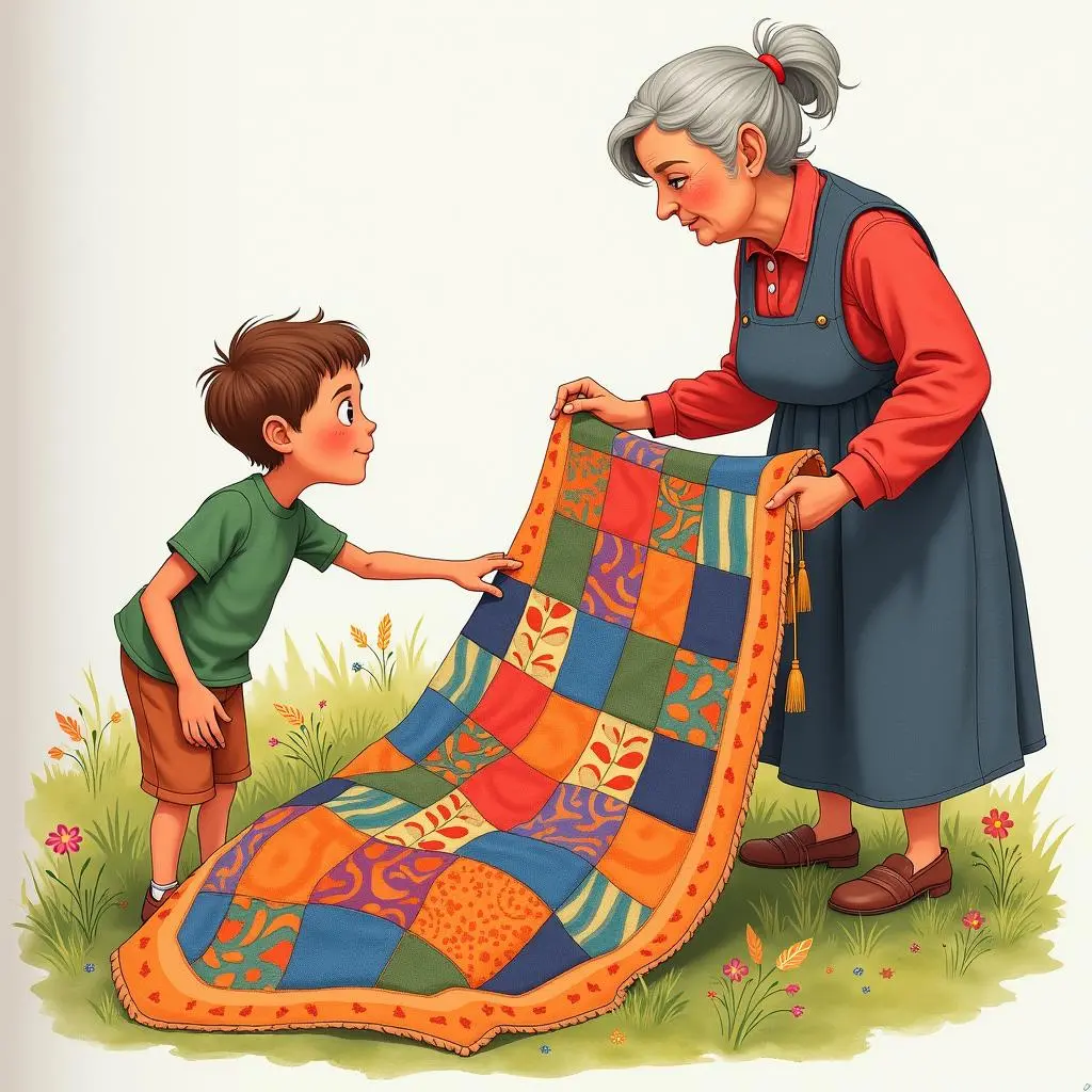 奶奶展示拼布毯子