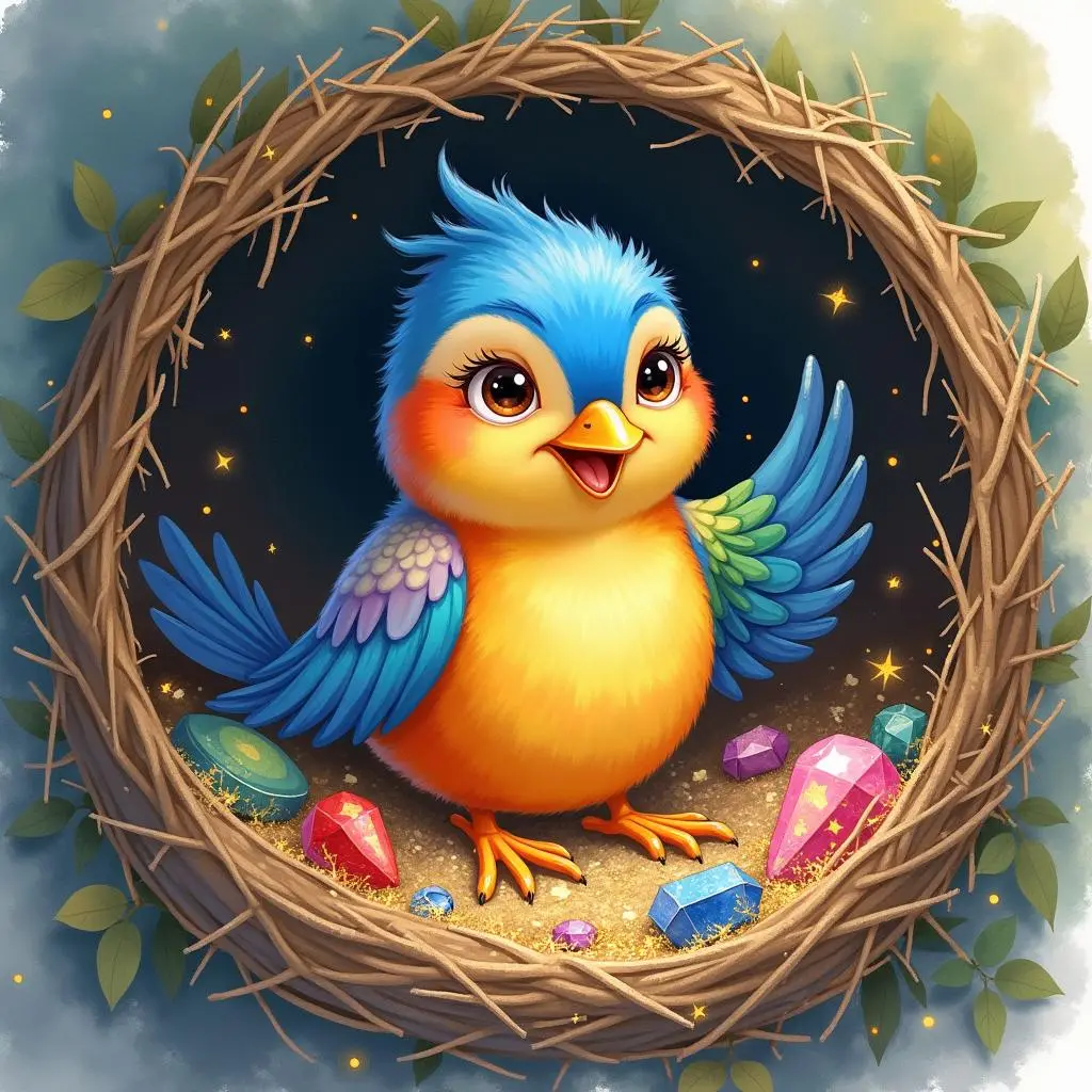 The Rainbow Bird looks at its treasures