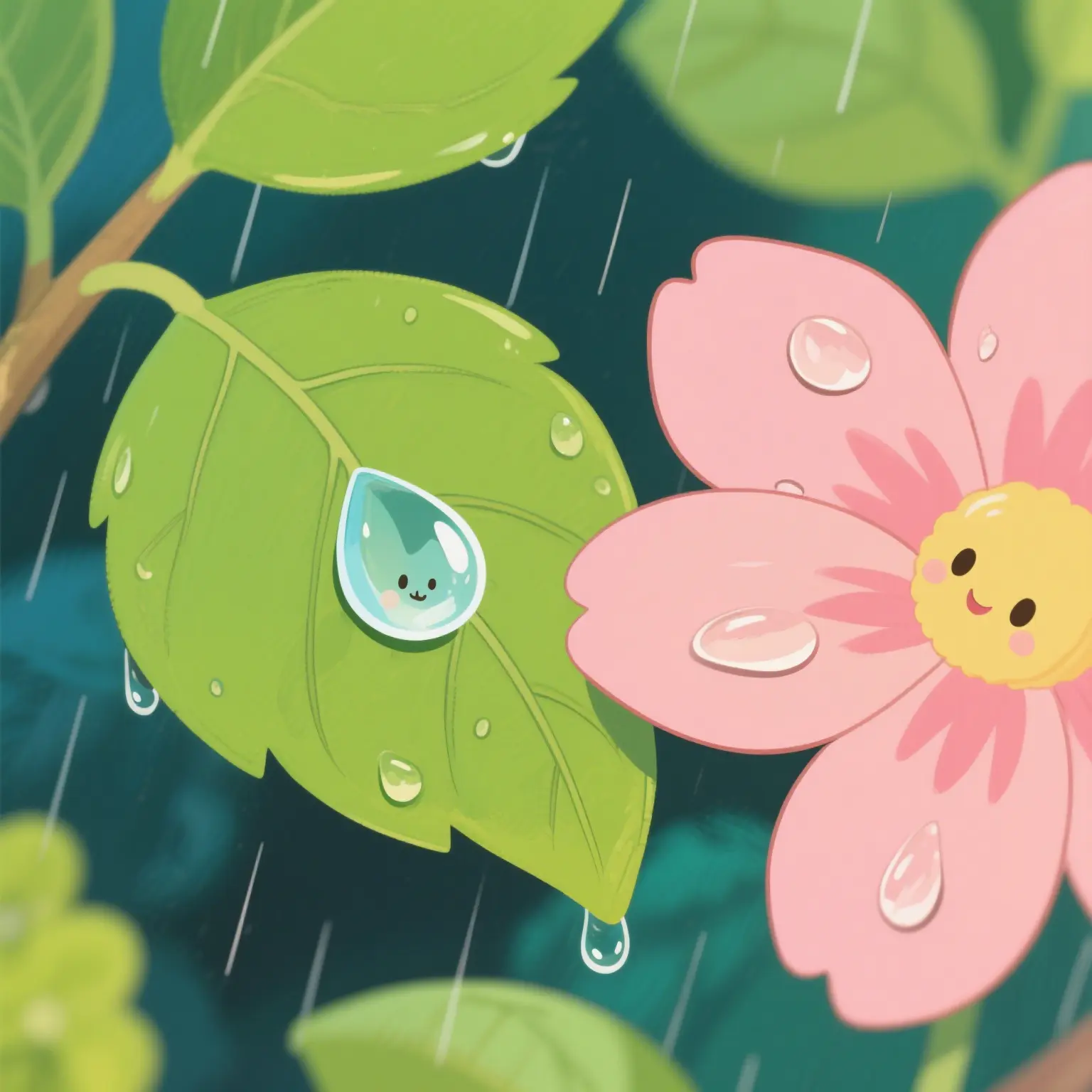 在树叶和花瓣上滑动的小雨滴