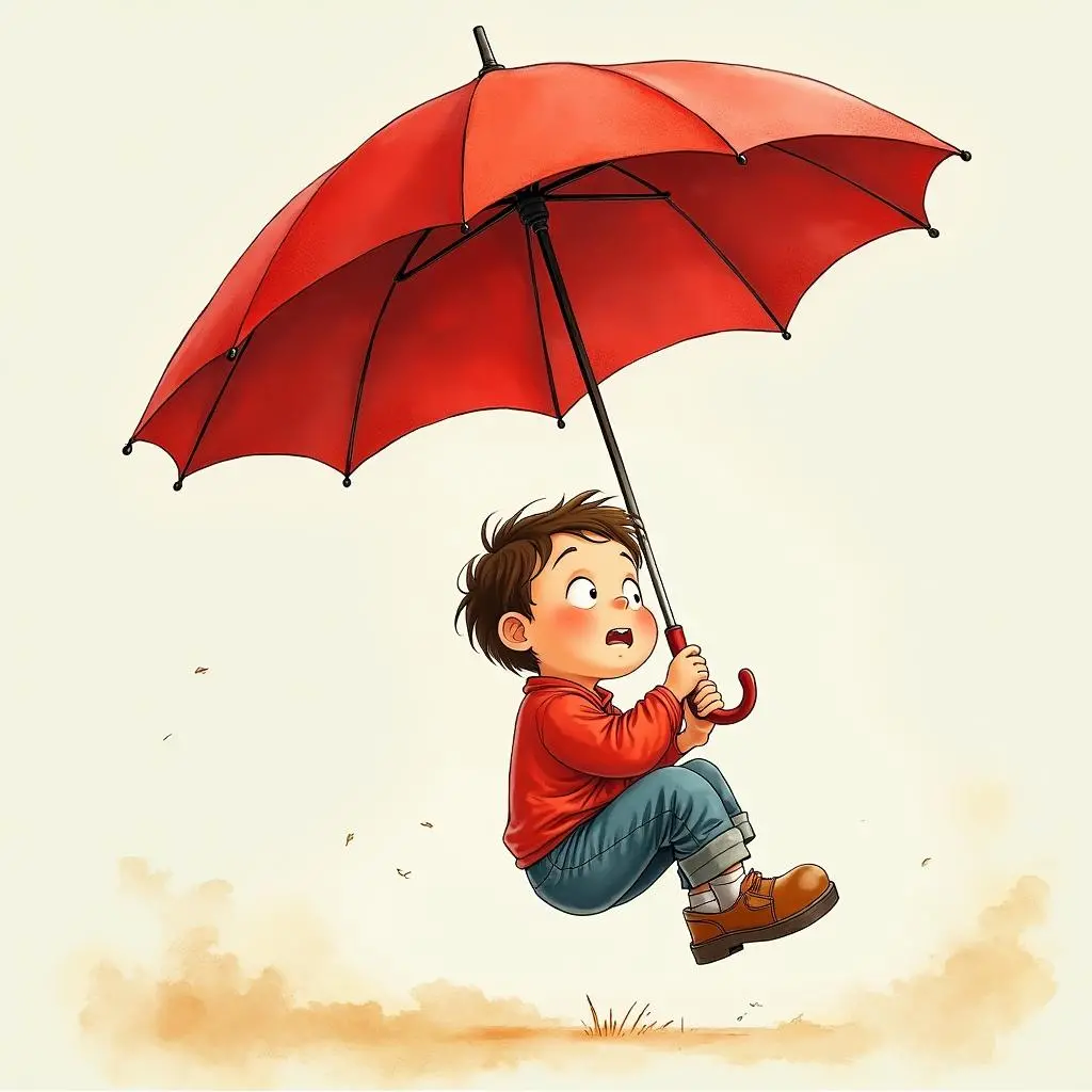 小和坐在飞着的红伞里，脸上满是惊喜