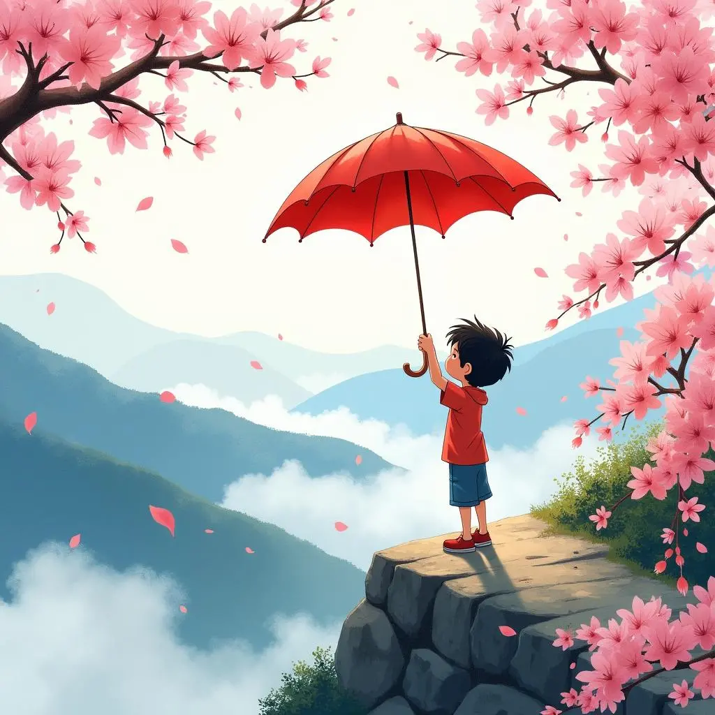 红伞带着小和飞到山顶，周围是盛开的樱花