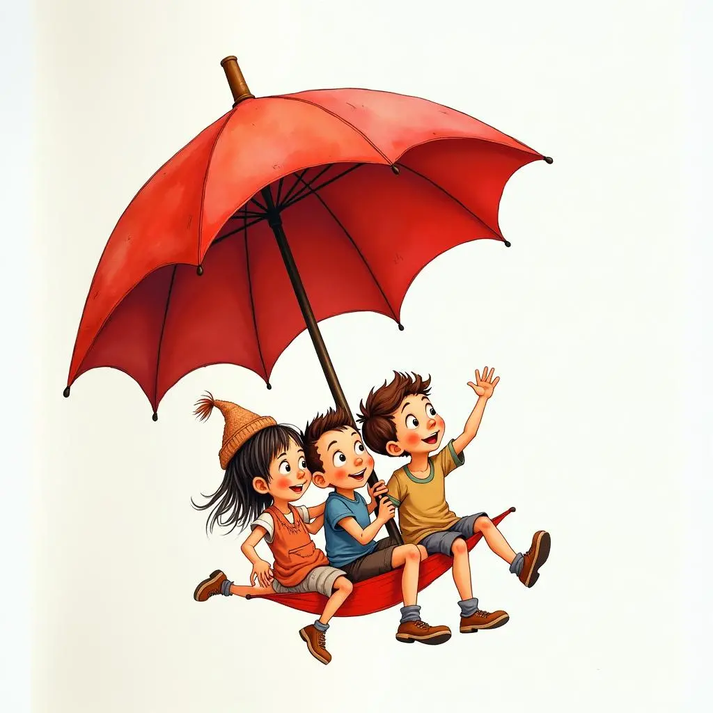 小和和朋友们一起坐在红伞上飞翔