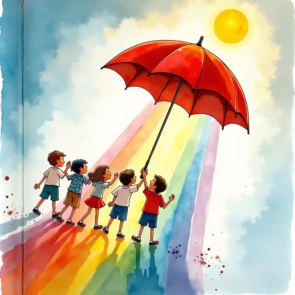 红伞带着孩子们飞向彩虹