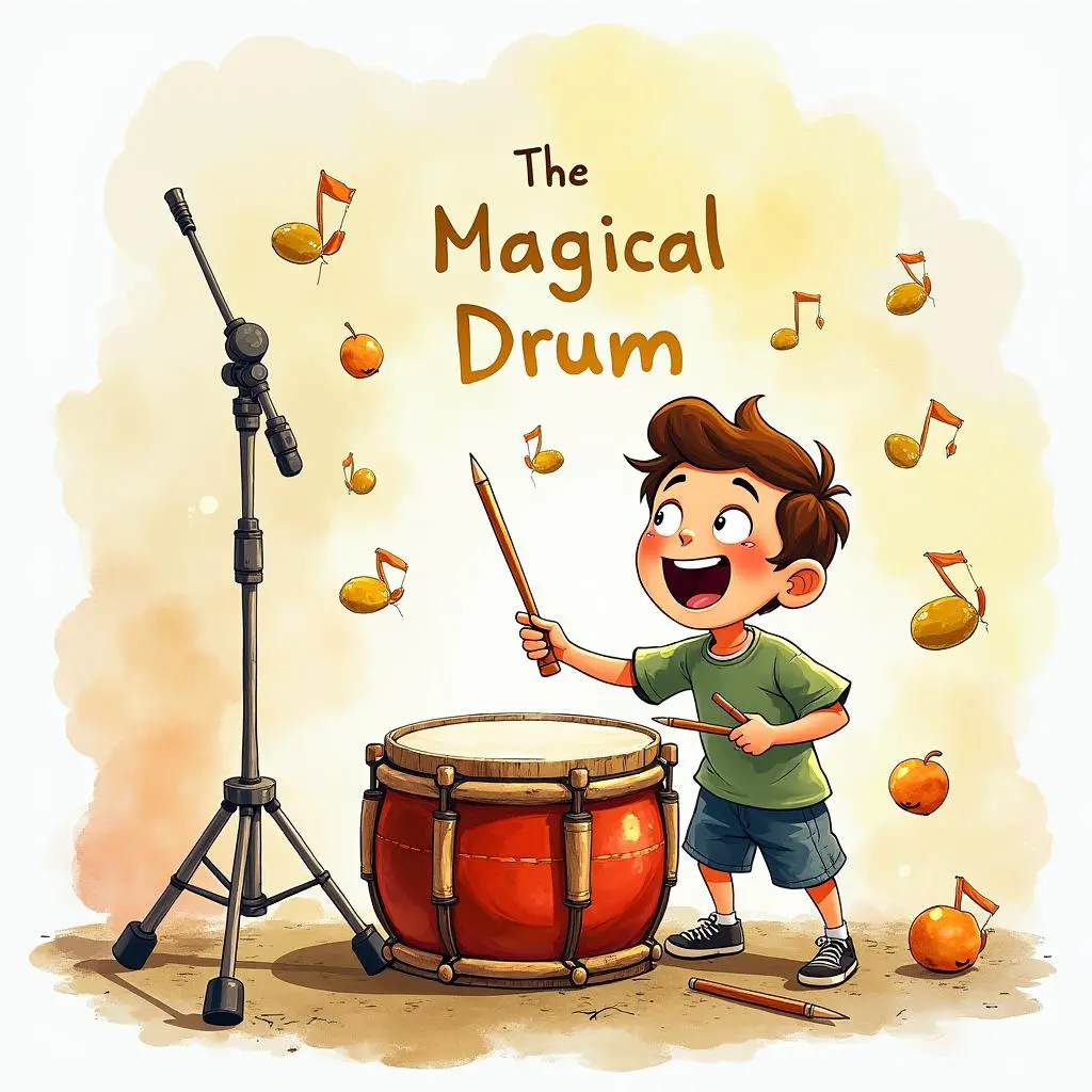 Raju excitedly taps the drum and items appear in front of him