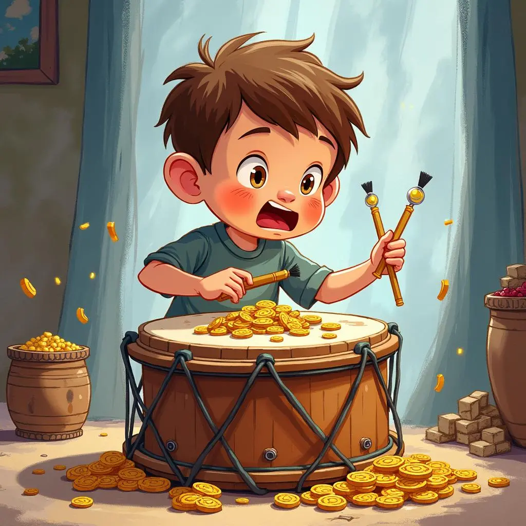 Raju greedily taps the drum and treasures pile up