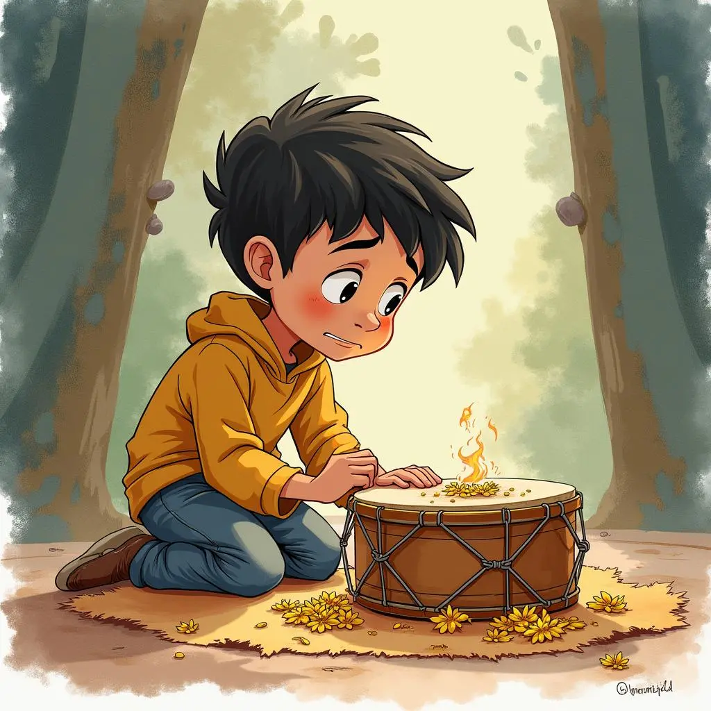 Raju sits among the treasures with a regretful expression