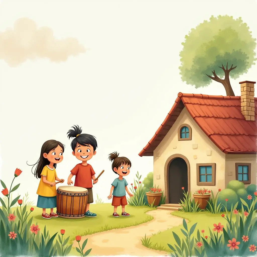 Raju and his family stand happily in front of the house with the drum beside them